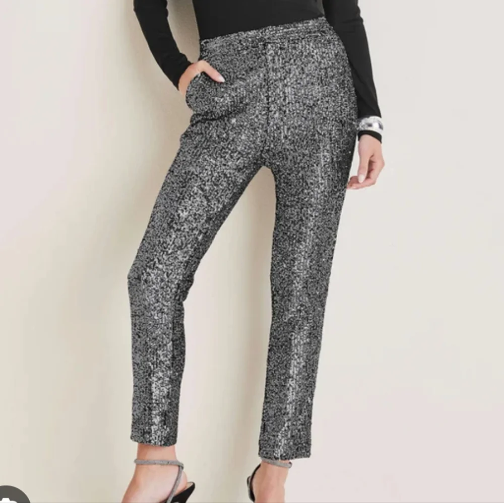 Silver Sequin Pants Zipper Front Size 14 - Picture 4 of 4